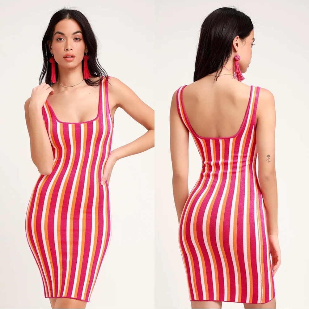 Lulus Nayeli Hot Pink Multi Striped Sleeveless Bodycon Sweater Dress - M - Picture 5 of 13